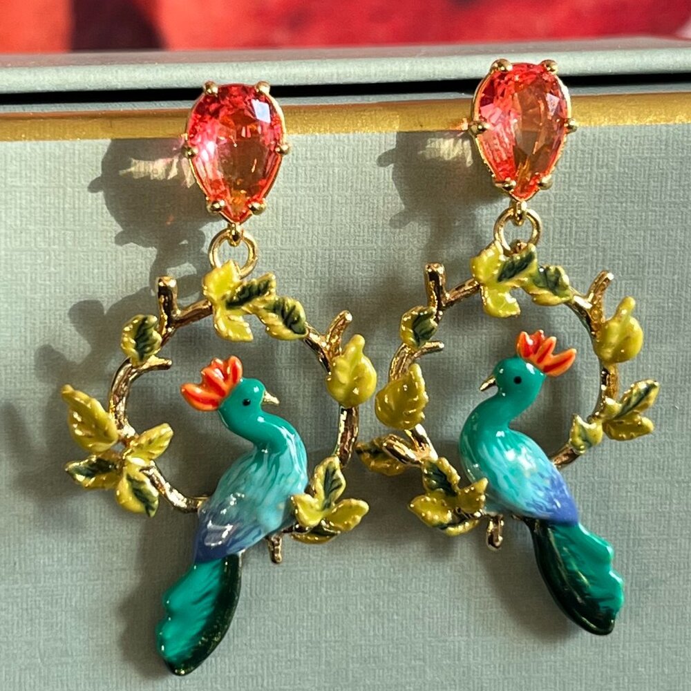 Peacock and Faceted Glass Pear Post Earrings